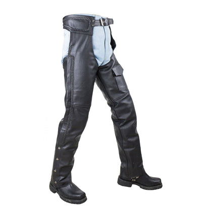 Braided Split Leather Chaps W/ Mesh & Zipout Lining - Black