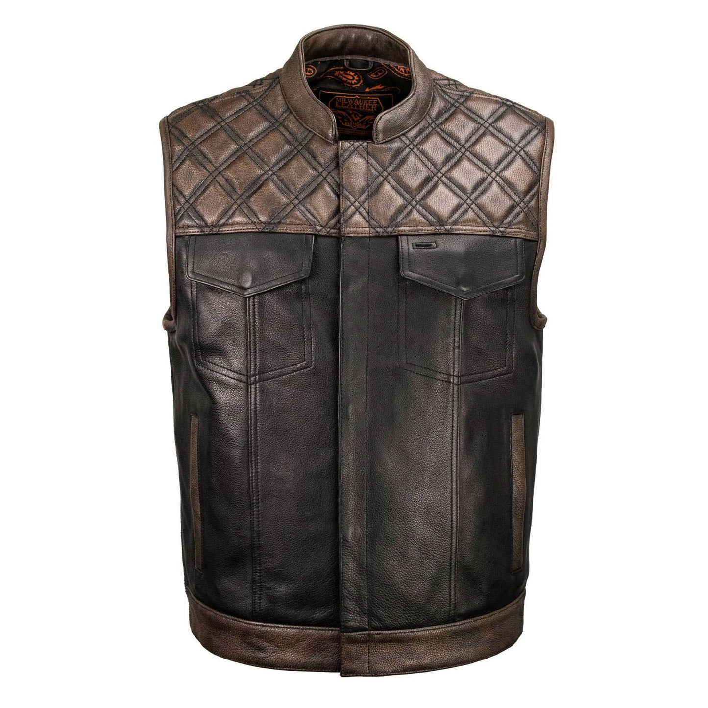 Men’s Black & Brown Paisley Lined Leather Vest – Premium Genuine Leather w/ Accent Stitching & Armhole Trim