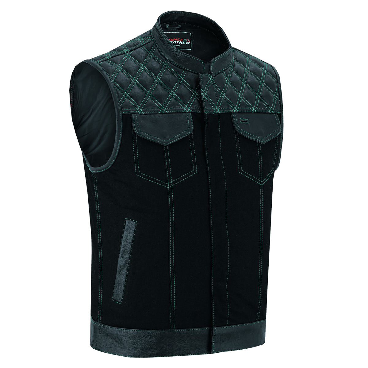 Men's Denim & Leather Motorcycle Vest with Conceal Carry Pockets, SOA Biker Club Vest Green Stitching, Diamond Padding, Snap & Zipper Closure