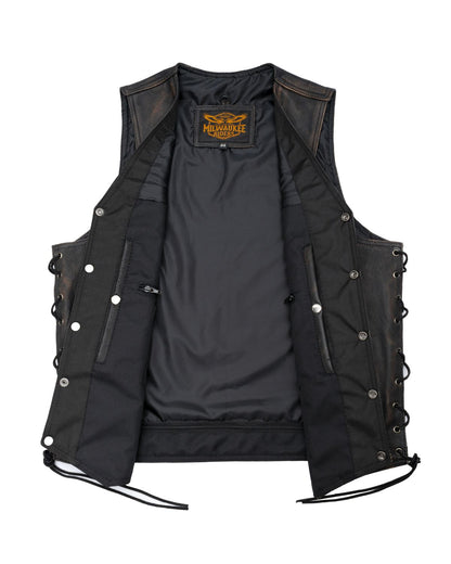 Mens Distressed Brown Motorcycle Vest 10 Pockets Premium Naked Cowhide Leather
