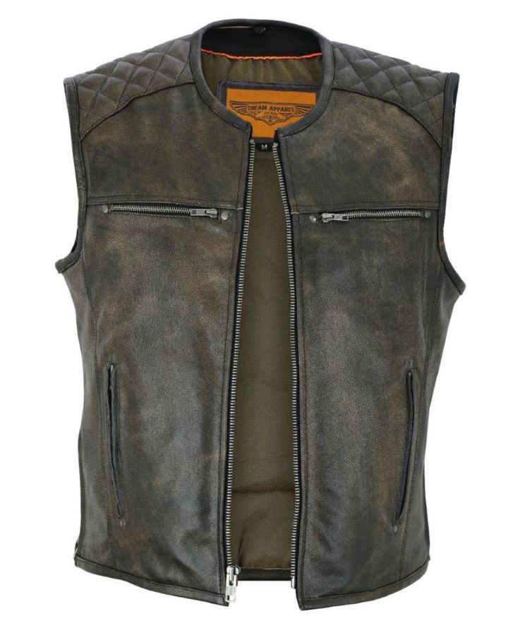 Mens Retro Brown Premium Naked Leather Vest Padded Shoulders, Side Zippers for Comfort Fit
