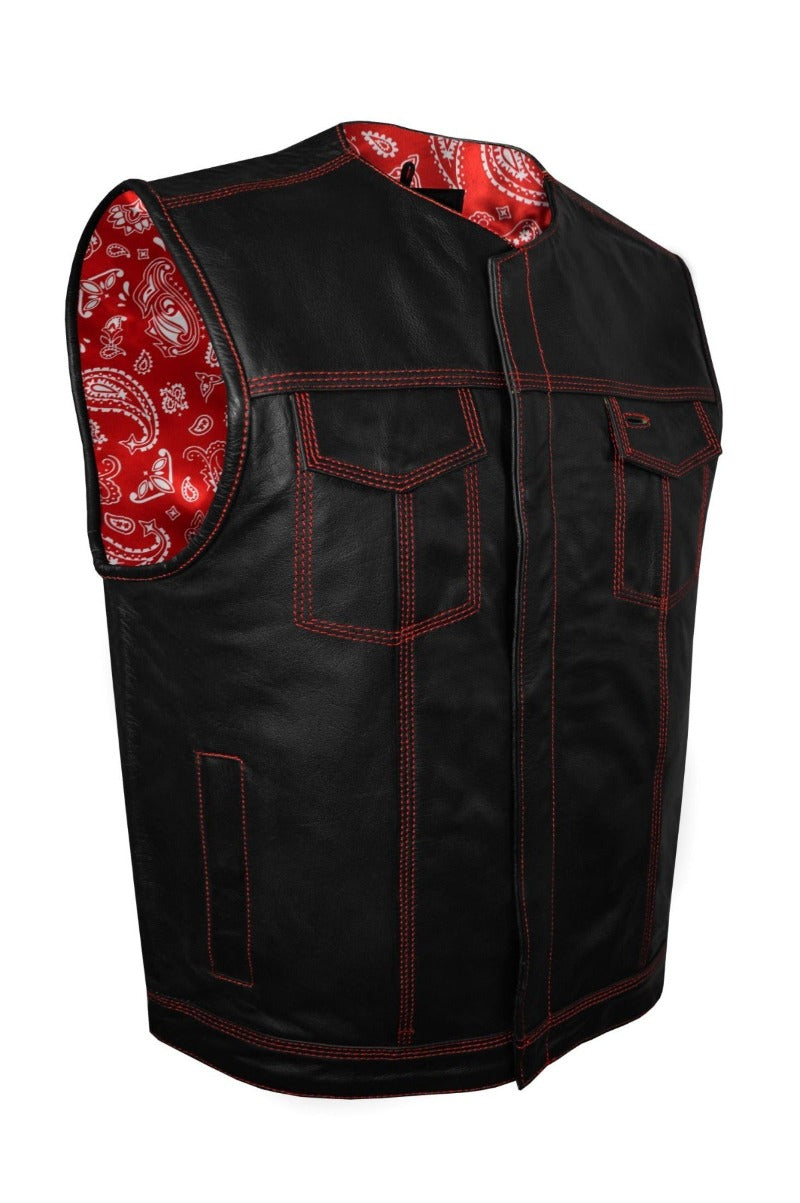 Mens SOA Vest Red Stitching Club Vest, Conceal Carry Pockets, Red Paisley Lining