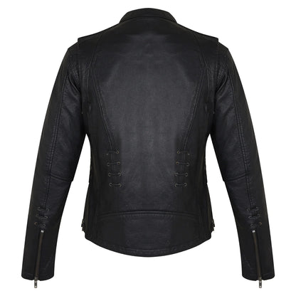 Ladies Lightweight Black Goatskin Jacket w/ Grommeted Twill and Lace Highlights
