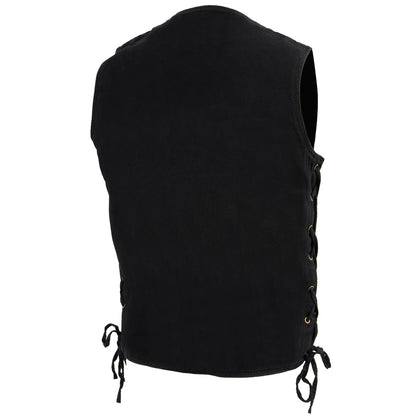 Men's Black Side Lace Denim Vest with Chest Pockets