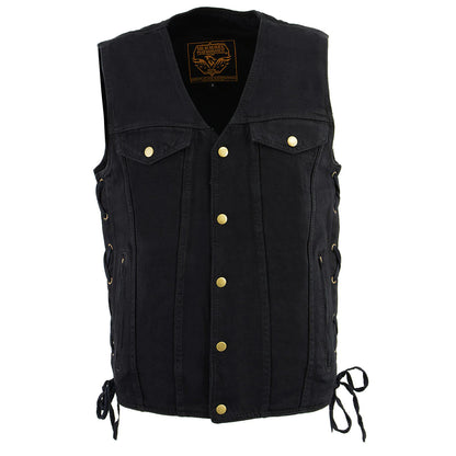 Men's Black Side Lace Denim Vest with Chest Pockets