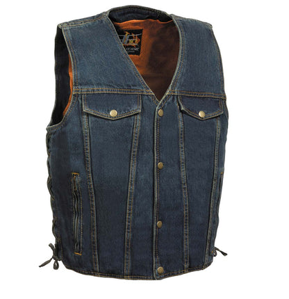 Men's Blue Side Lace Denim Vest with Chest Pockets