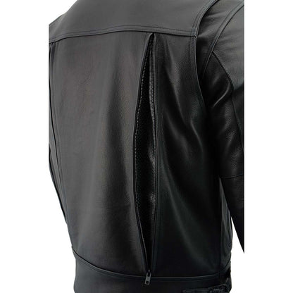 Men's Black 'Pistol Pete' Motorcycle Vented Leather Jacket with Utility Pockets-Tall Sizes