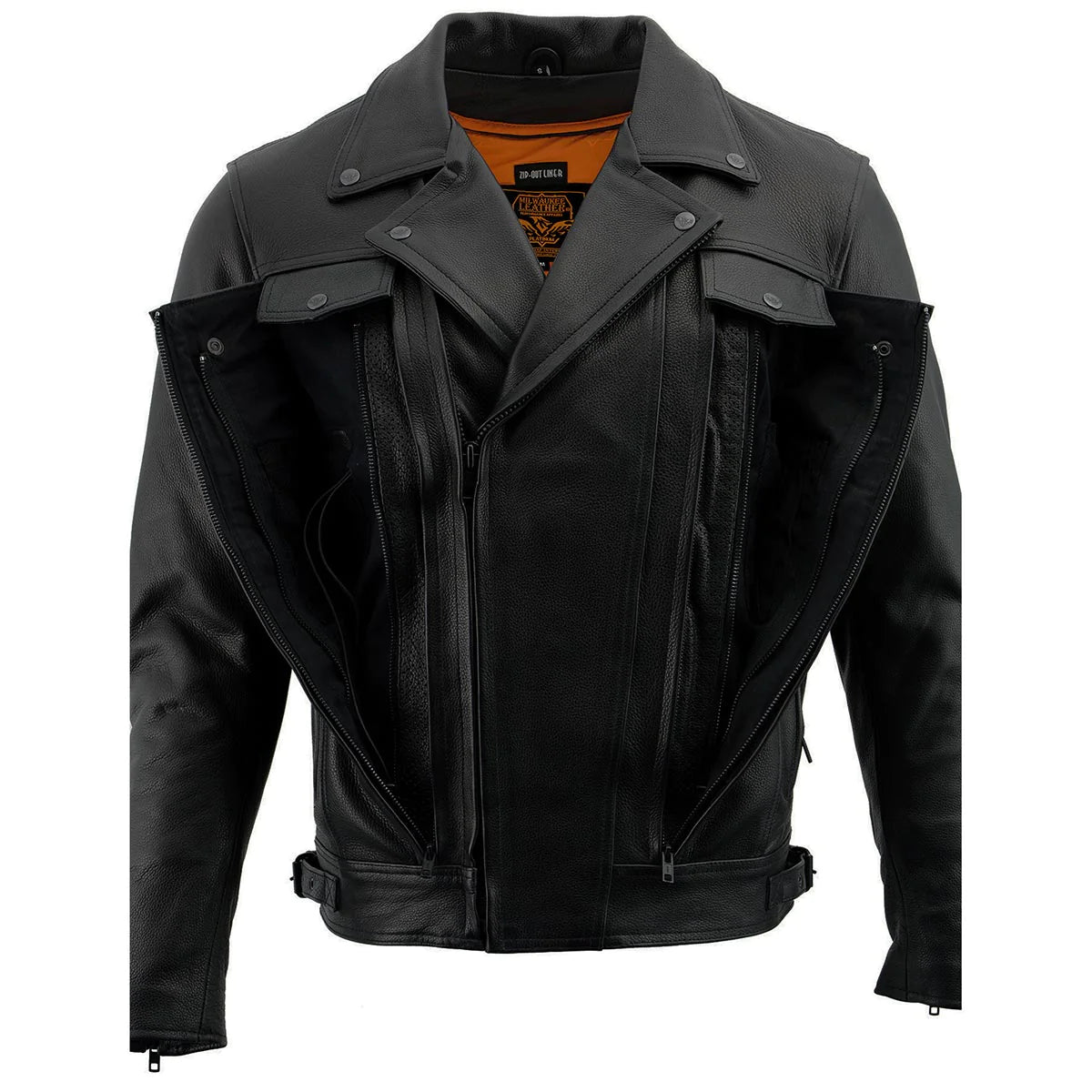 Men's Black 'Pistol Pete' Motorcycle Vented Leather Jacket with Utility Pockets-Tall Sizes