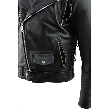 Black Leather Motorcycle Jacket for Men, Thick Brando Style Biker Jacket w/ Side Lace