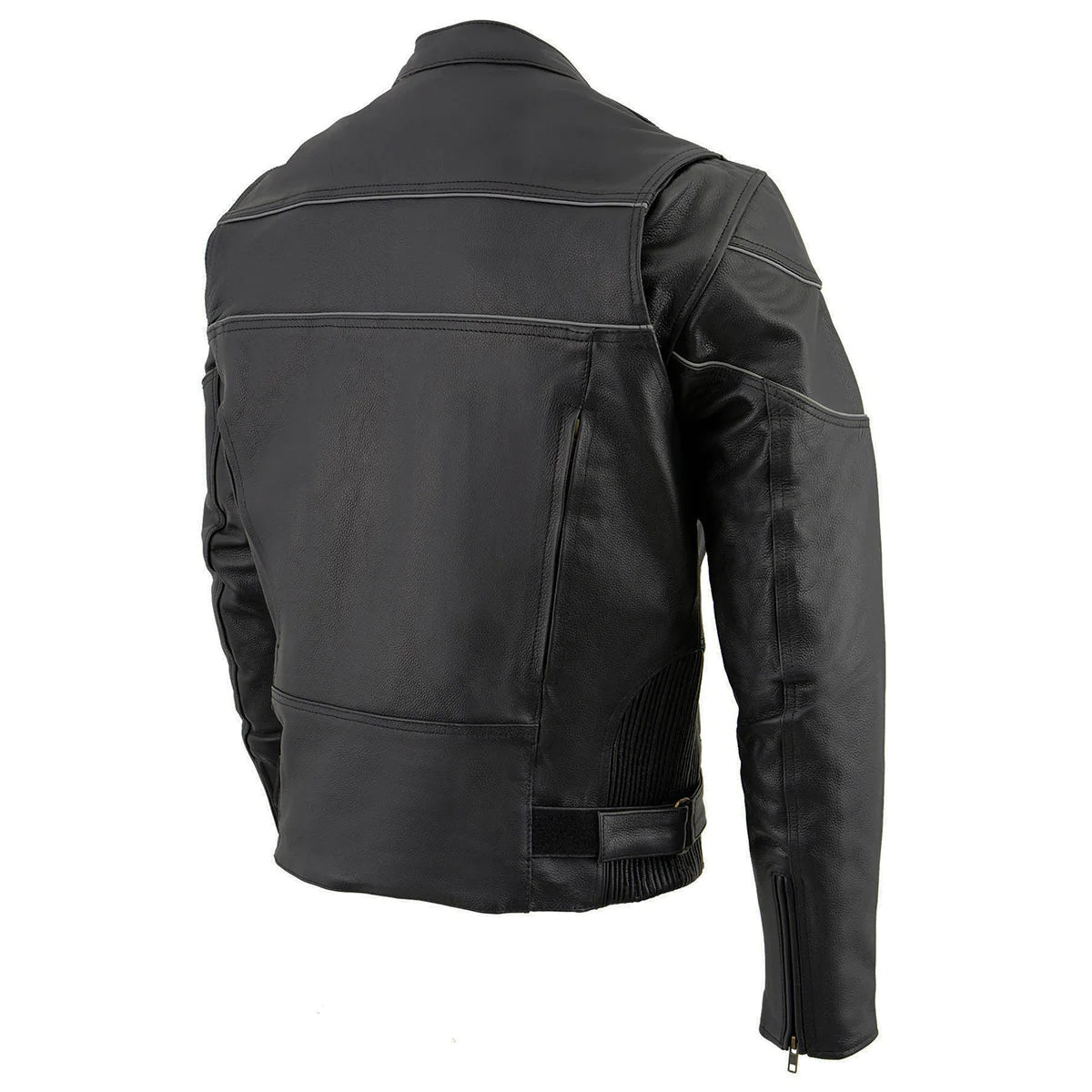 Mens Black Leather Scooter Style Motorcycle Jacket w/ Side Stretch and Reflective Piping