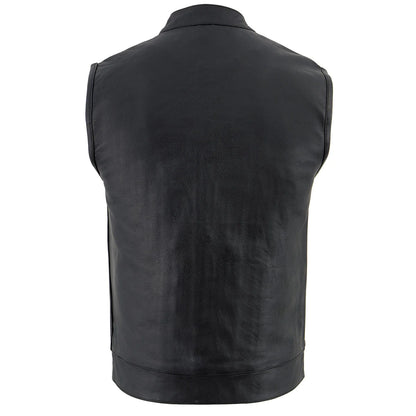Men's Black Club Style Leather Vest with Open Neck