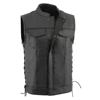 Men's Side Lace Front Snap and Zipper Leather Club Vest