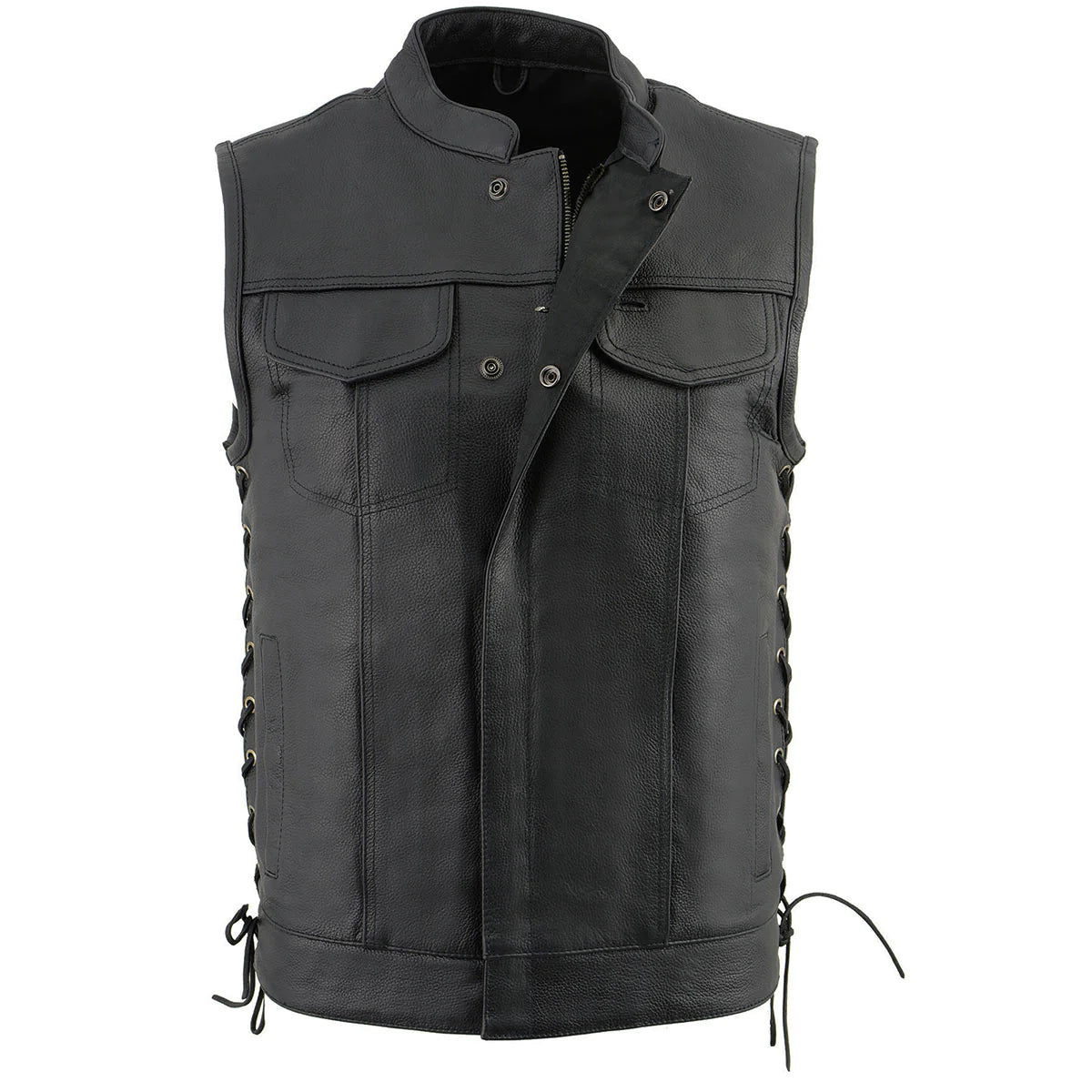 Men's Side Lace Front Snap and Zipper Leather Club Vest