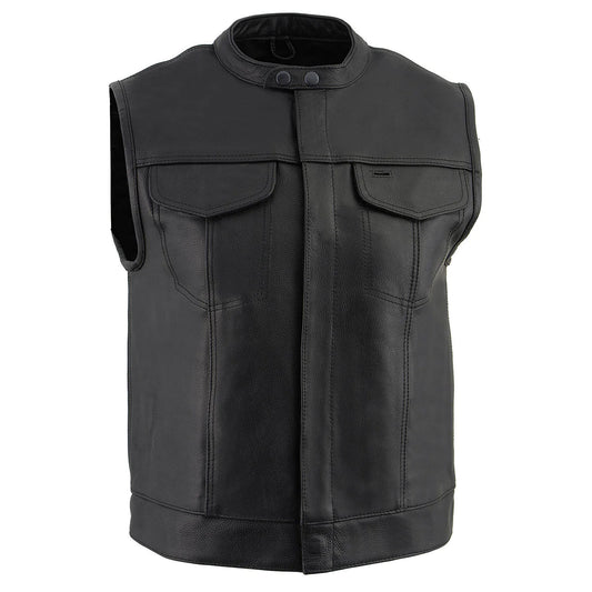 Men's Black Motorcycle Club Style Leather Vest with Concealed Snap Button Closure
