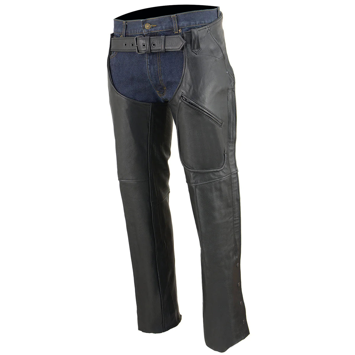 Men's Black Premium Leather 3 Pocket Chaps with Thigh Patch Pocket