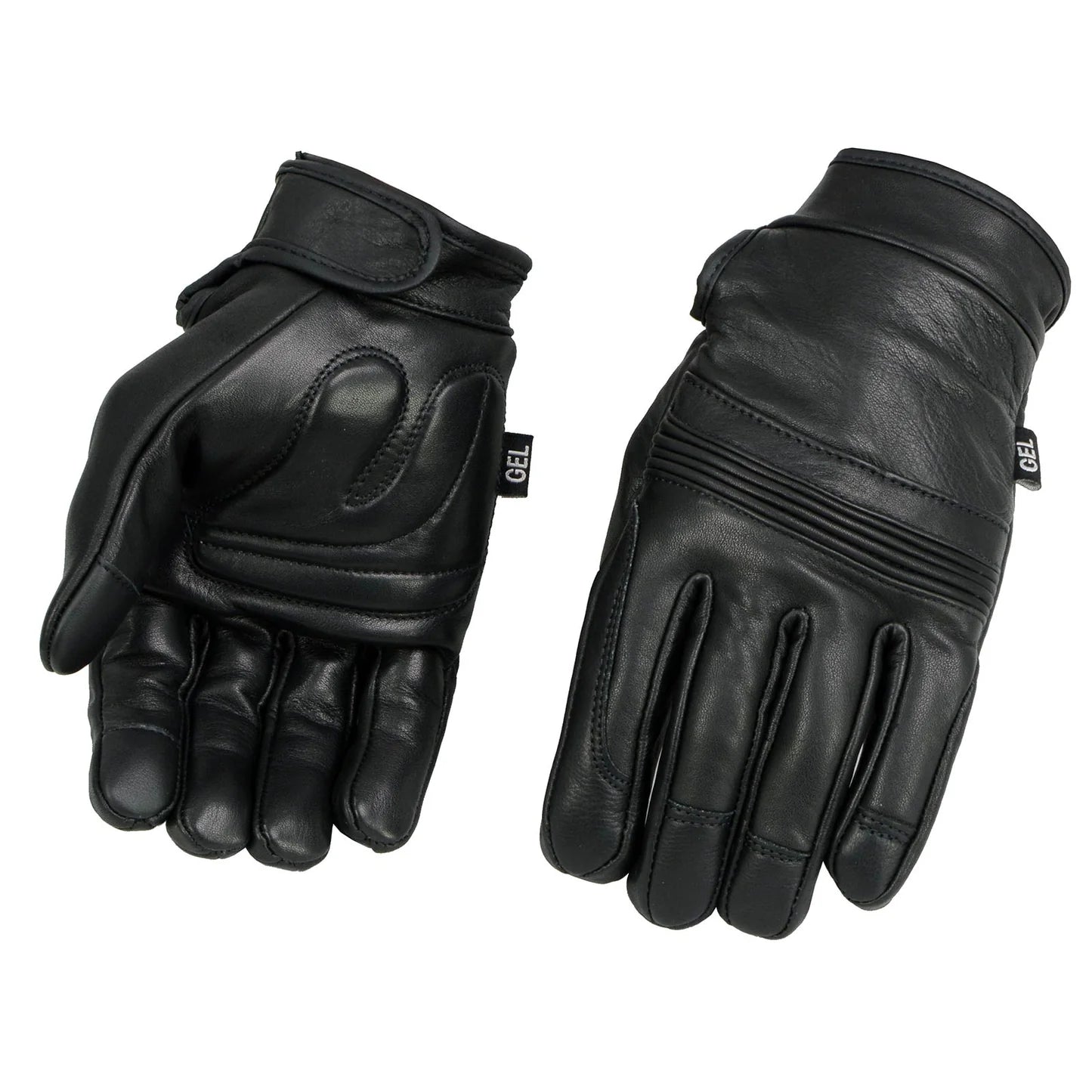 Men's Black Leather i-Touch Screen Compatible Gel Palm Motorcycle Hand Gloves w/ Flex Knuckles