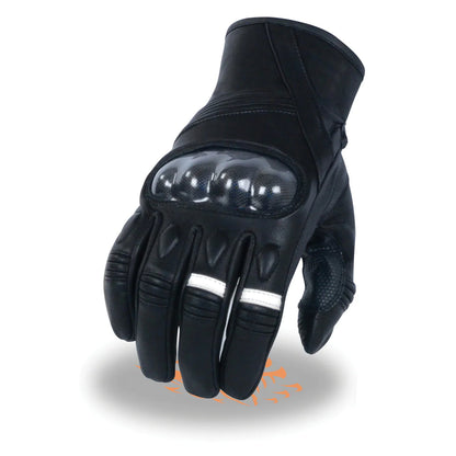 Men's Black Leather Protective Knuckle Racer Motorcycle Gloves W/ Elasticized Reflective Fingers