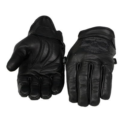 Men's Black Leather ‘Reflective Skull’ Motorcycle Hand Gloves W/ Gel Padded Palm