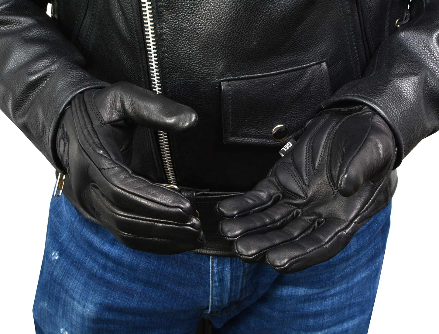 Men's Black Leather ‘Reflective Skull’ Motorcycle Hand Gloves W/ Gel Padded Palm