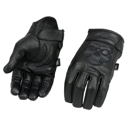 Men's Black Leather ‘Reflective Skull’ Motorcycle Hand Gloves W/ Gel Padded Palm