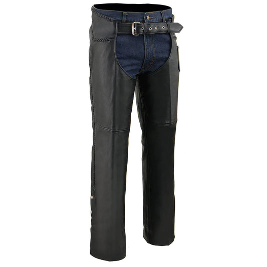 Men's Classic Black Braided Premium Leather Motorcycle Chaps