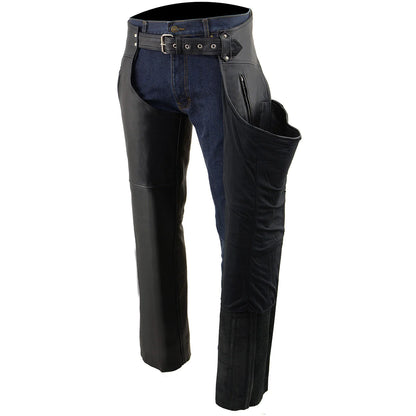 Men's Classic Black Leather Motorcycle Chaps with Zipper Thigh Pocket