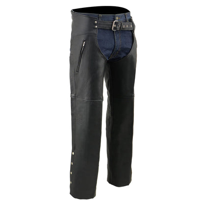Men's Classic Black Leather Motorcycle Chaps with Zipper Thigh Pocket