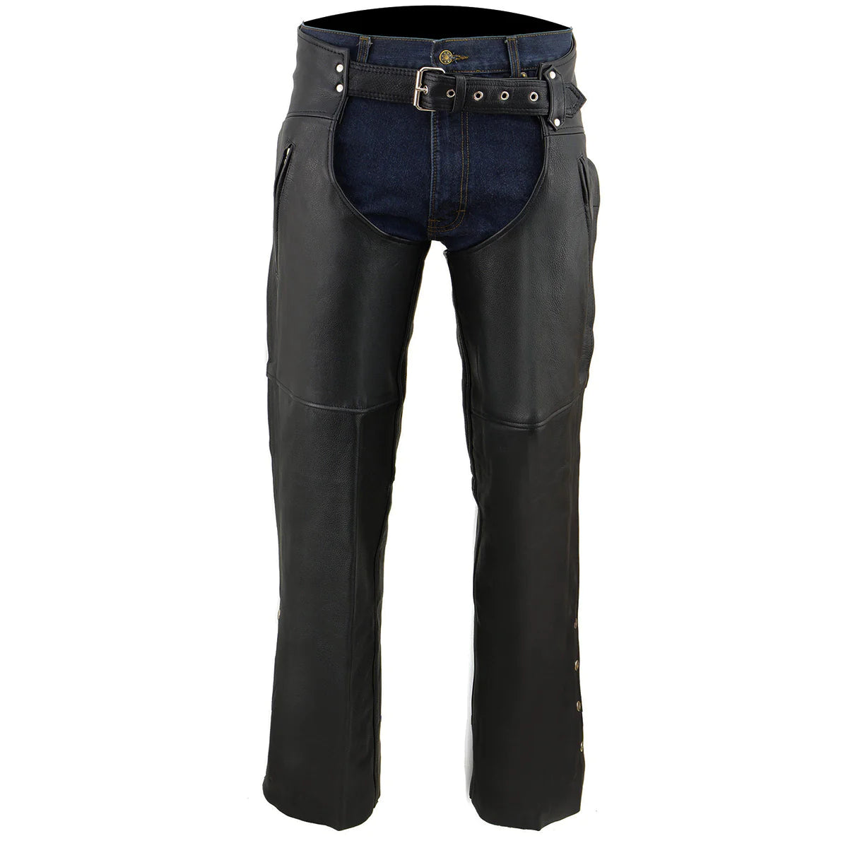 Men's Classic Black Leather Motorcycle Chaps with Zipper Thigh Pocket