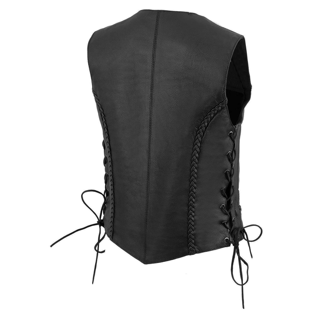 Women's Black Braided Naked Leather Side Lace Motorcycle Rider Vest W/Front Snap Closure