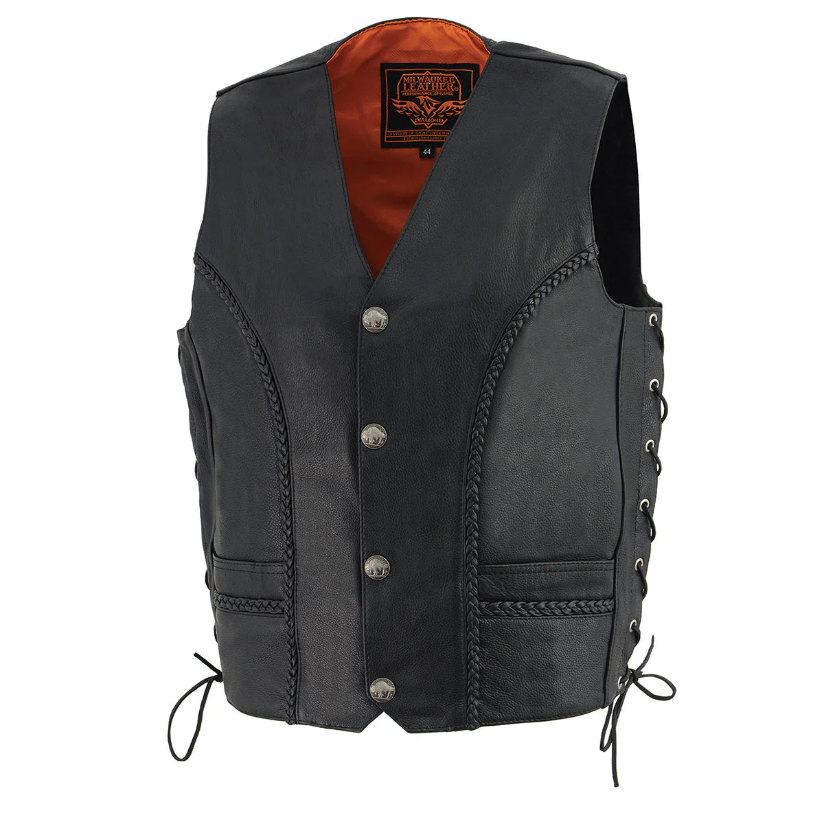 Men's 'Buffalo Coin' Black Braided Leather Vest with Side Laces