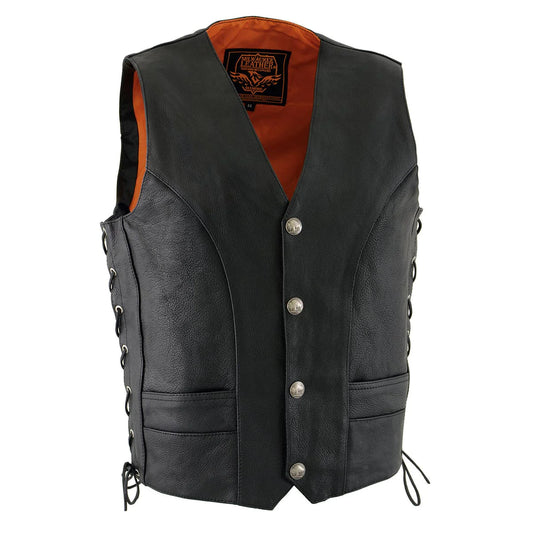 Men's Black Premium Leather Side Lace Vest with Buffalo Snaps