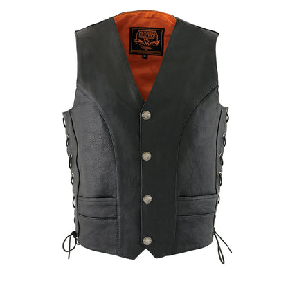 Men's Black Premium Leather Side Lace Vest with Buffalo Snaps