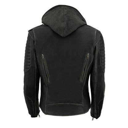 Black Leather Rub-Off Leather Jacket with Hoodie for Women