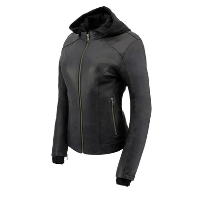 Women's Lightweight Black Leather Jacket with Removable Hoodie