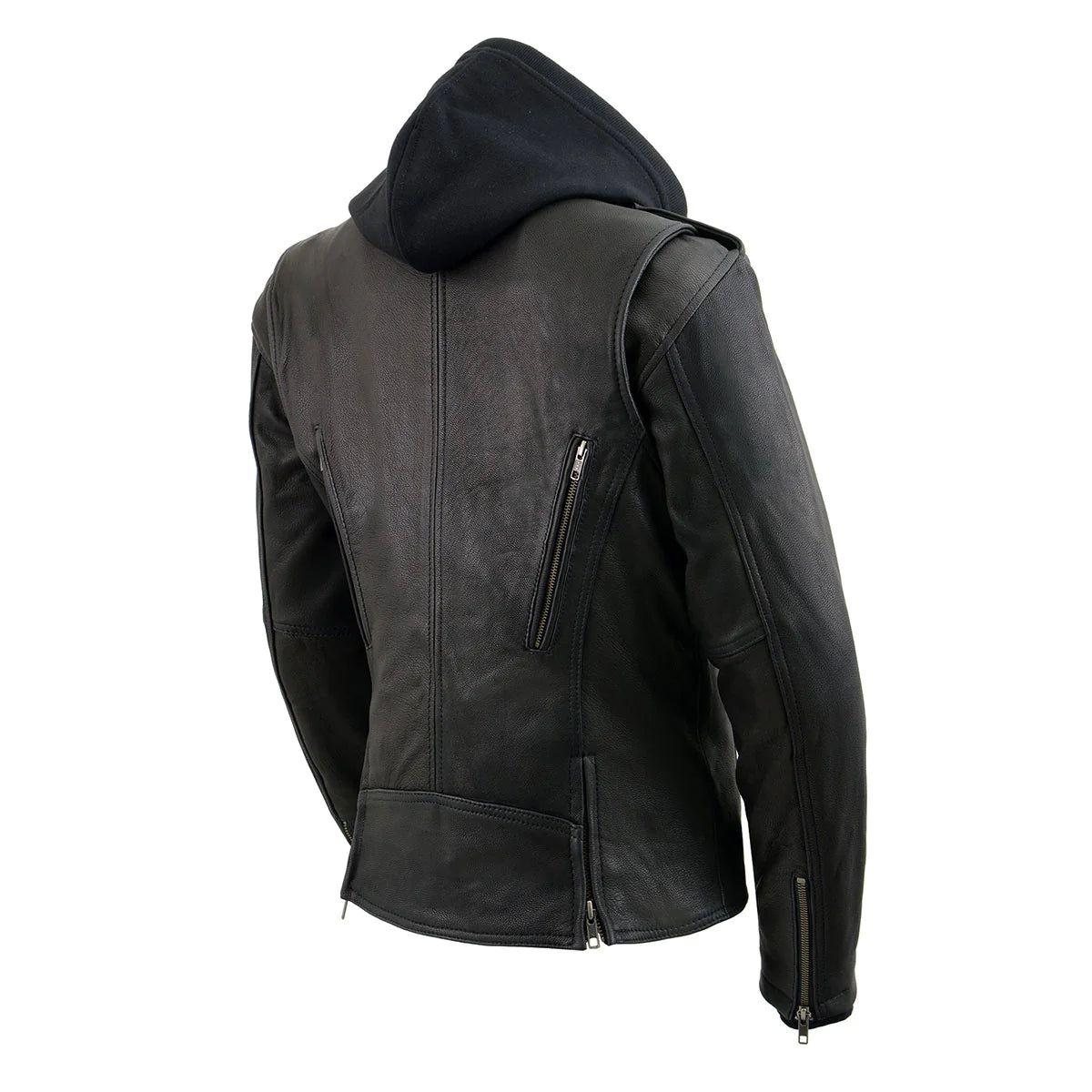 Women's Black Leather Vented Motorcycle Jacket w/ Removable Hoodie
