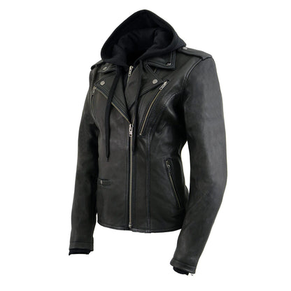 Women's Black Leather Vented Motorcycle Jacket w/ Removable Hoodie
