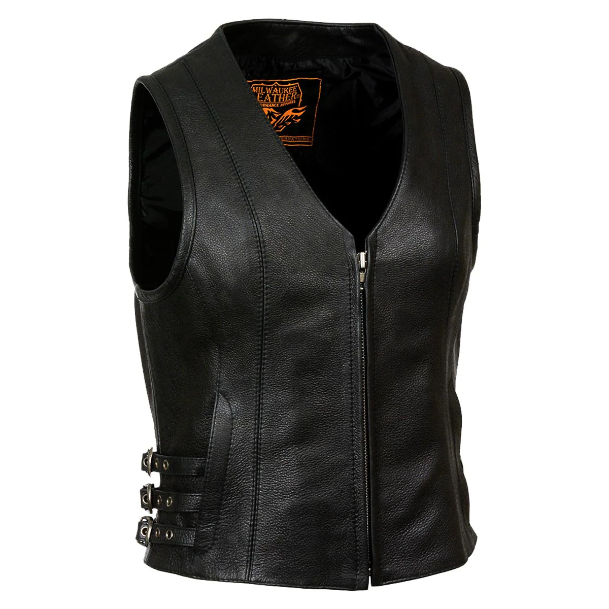 Women's Black Leather V-Neck Vest with Side Buckles