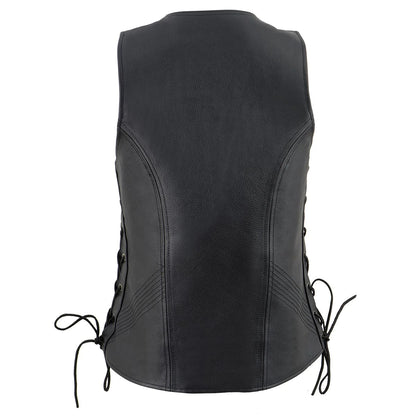 Women's Black 'Open Neck’ Motorcycle Leather Vest with Side Laces