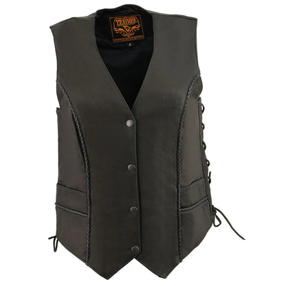 Ladies Black Braided Leather Vest with Side Laces