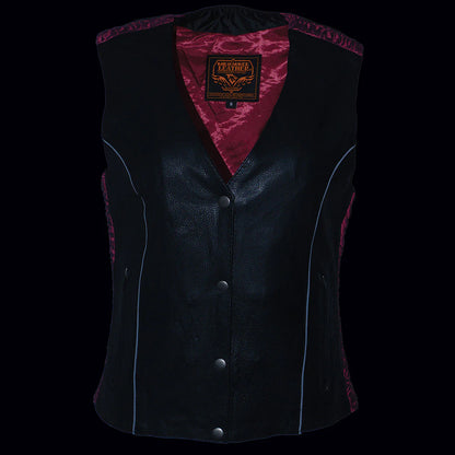 Ladies Black and Fuchsia 'Studded Phoenix' Leather Vest