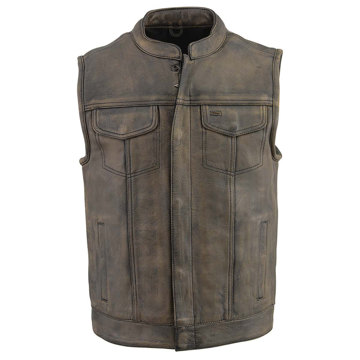 Men's Distressed Brown Dual Closure Open Neck Club Motorcycle Leather Vest
