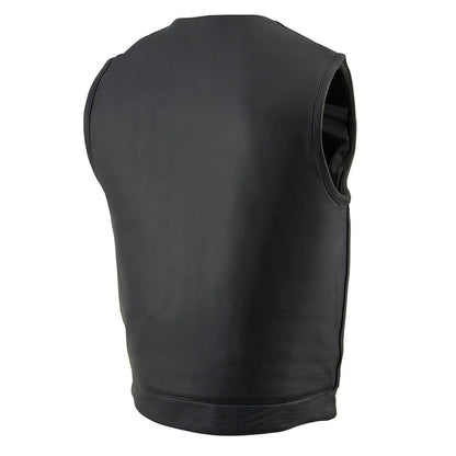 Men's Black Collarless Snap/Zipper Club Style Motorcycle Leather Vest