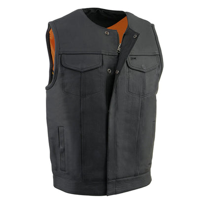 Men's Black Collarless Snap/Zipper Club Style Motorcycle Leather Vest
