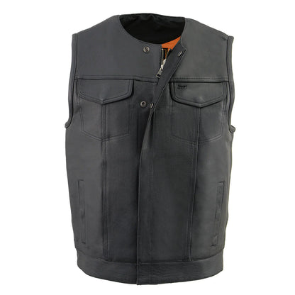 Men's Black Collarless Snap/Zipper Club Style Motorcycle Leather Vest