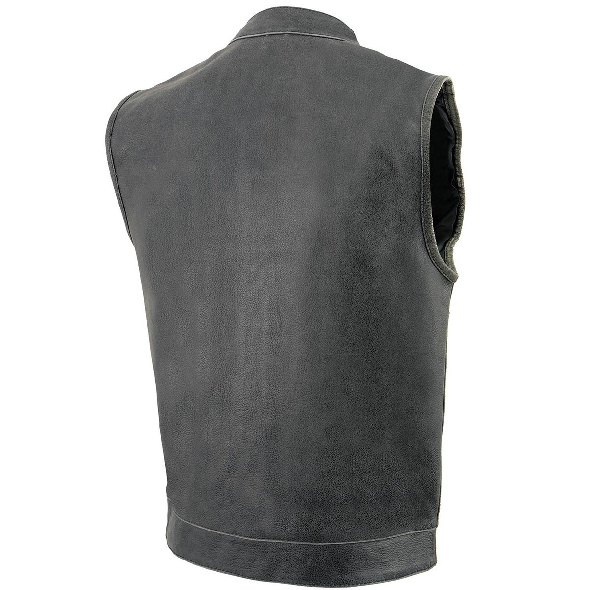 Men's Distressed Grey Dual Closure Open Neck Club Style Motorcycle Leather Vest