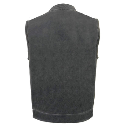 Men's Distressed Grey Dual Closure Open Neck Club Style Motorcycle Leather Vest