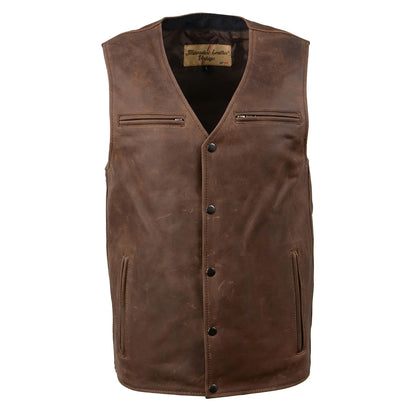 Men's Gambler Snap Front Vintage Crazy Horse Brown Motorcycle Leather Vest