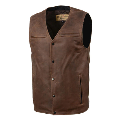 Men's Gambler Snap Front Vintage Crazy Horse Brown Motorcycle Leather Vest