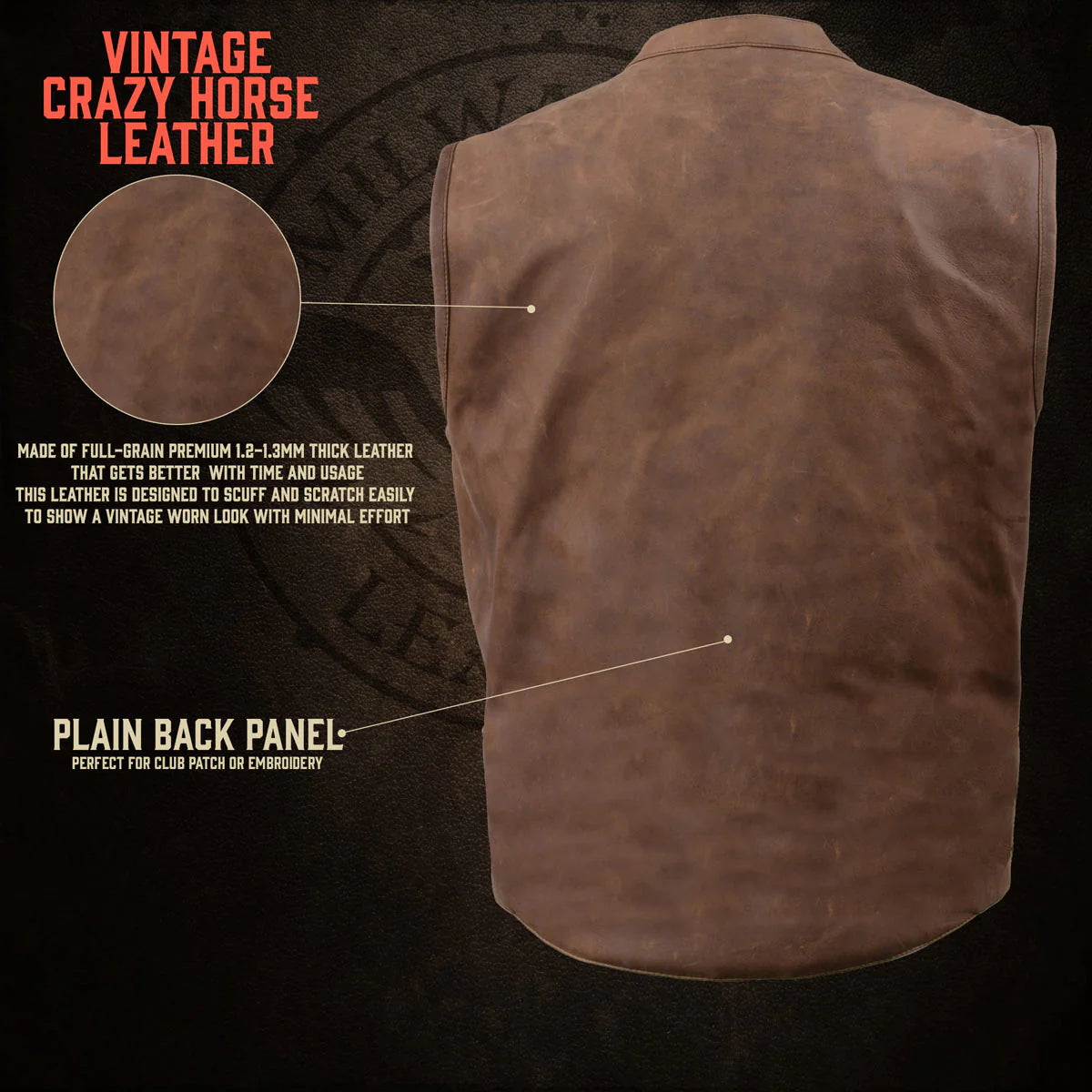 Men's 'Rustler' Vintage Crazy Horse Brown Leather Club Style Motorcycle Vest