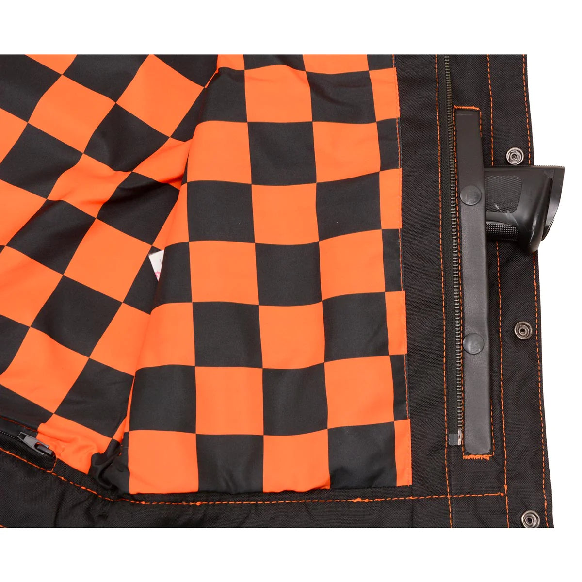 Men's Black 'Checkered Flag' Accented Orange Stitching Leather Vest – W/ Armhole Trim